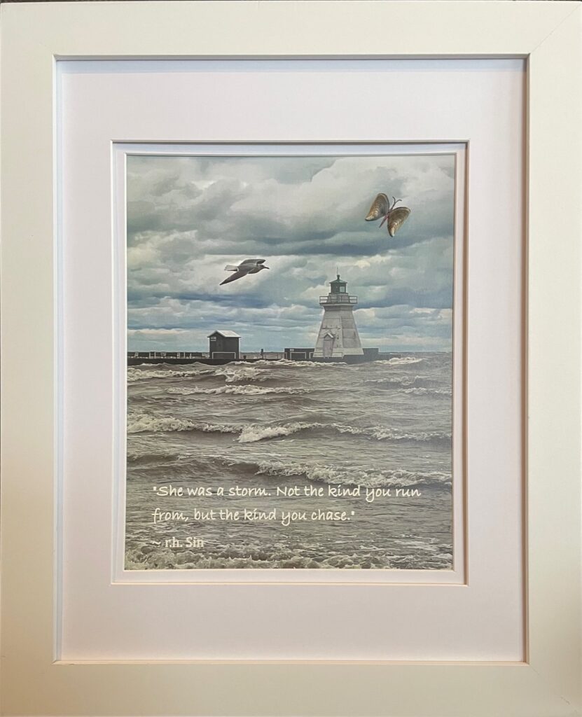 Image of a lighthouse and seagull in a storm, with a butterfly made of shells and this quote: She was a storm. Not the kind you run from, but the kind you chase.