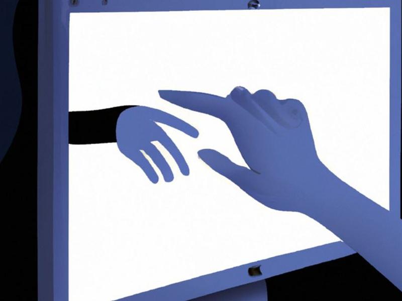 Illustrating artificial intelligence in grief, a finger from inside the monitor touches a finger of a device user.